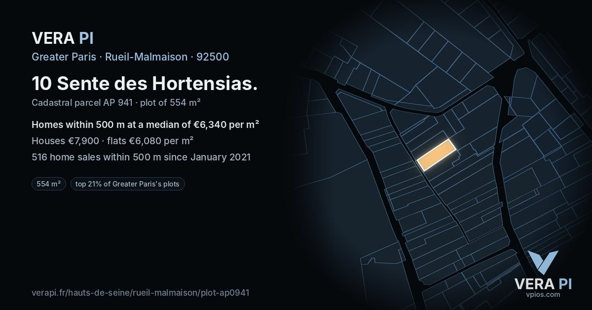 10 Sente des Hortensias, Rueil-Malmaison at night – the plot lit, the parcels around coloured by the prices near them