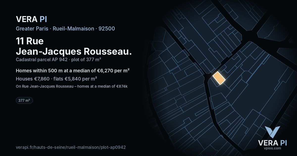 11 Rue Jean-Jacques Rousseau, Rueil-Malmaison at night – the plot lit, the parcels around coloured by the prices near them