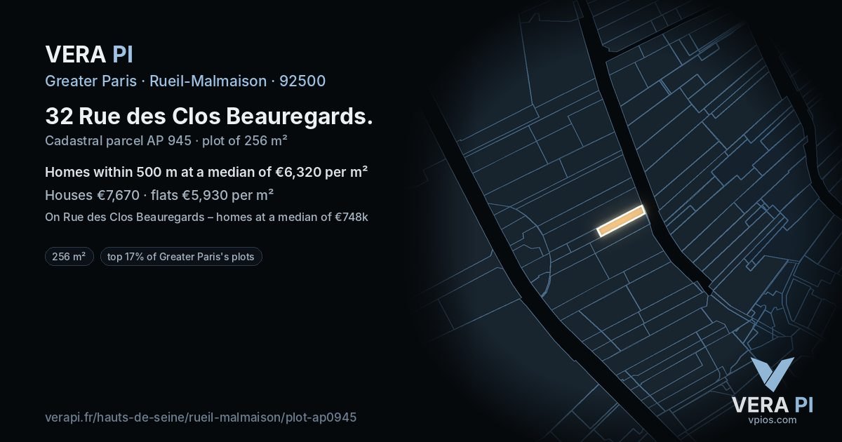 32 Rue des Clos Beauregards, Rueil-Malmaison at night – the plot lit, the parcels around coloured by the prices near them