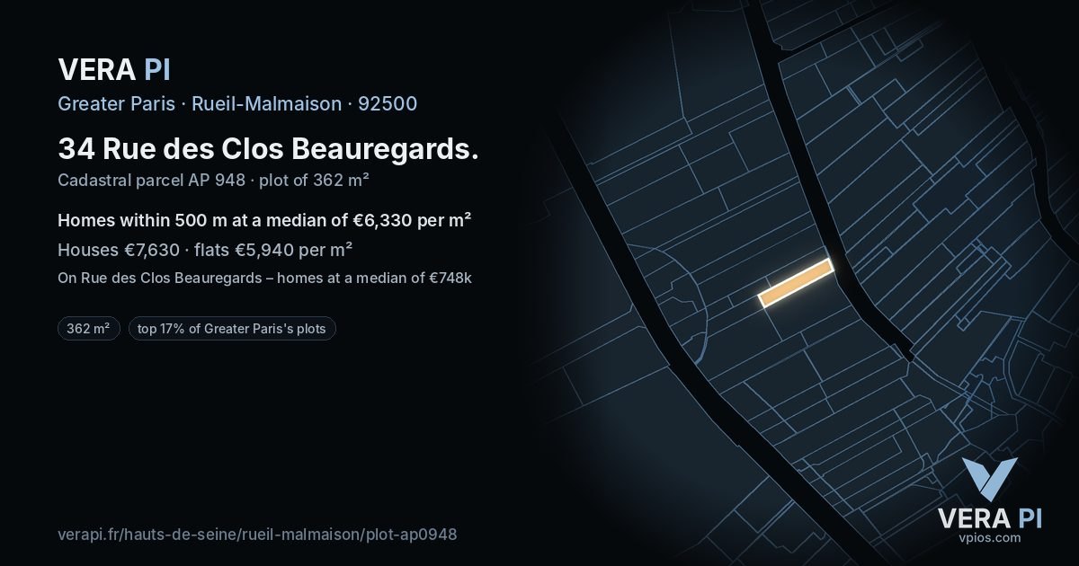 34 Rue des Clos Beauregards, Rueil-Malmaison at night – the plot lit, the parcels around coloured by the prices near them
