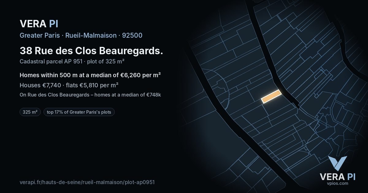 38 Rue des Clos Beauregards, Rueil-Malmaison at night – the plot lit, the parcels around coloured by the prices near them