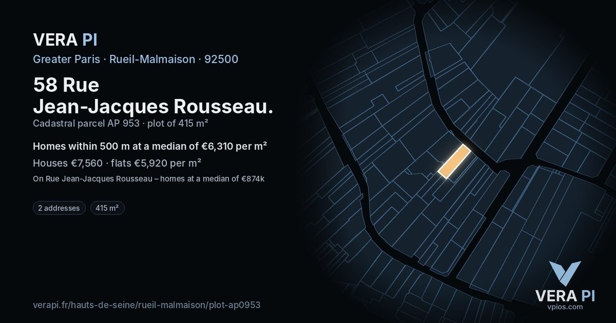 58 Rue Jean-Jacques Rousseau, Rueil-Malmaison at night – the plot lit, the parcels around coloured by the prices near them