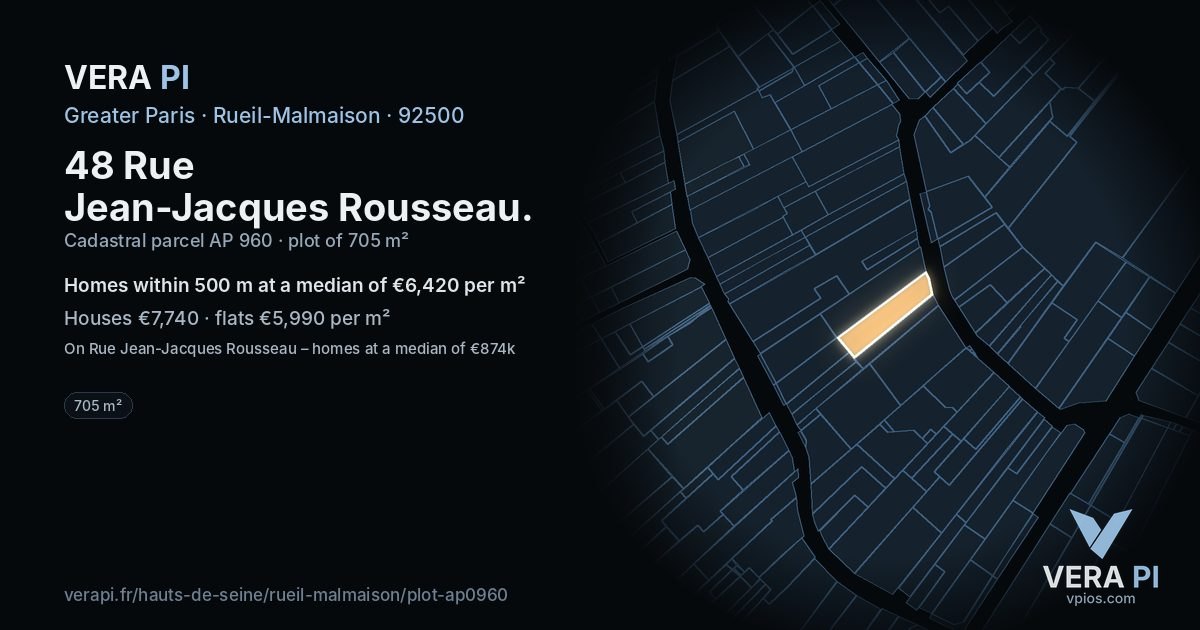 48 Rue Jean-Jacques Rousseau, Rueil-Malmaison at night – the plot lit, the parcels around coloured by the prices near them