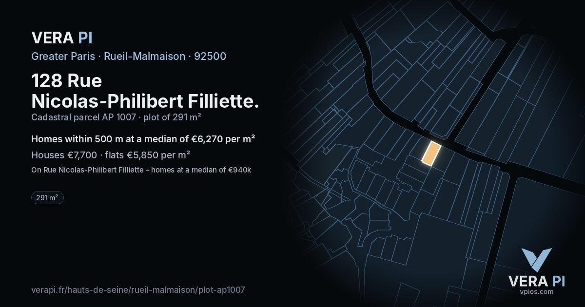 128 Rue Nicolas-Philibert Filliette, Rueil-Malmaison at night – the plot lit, the parcels around coloured by the prices near them