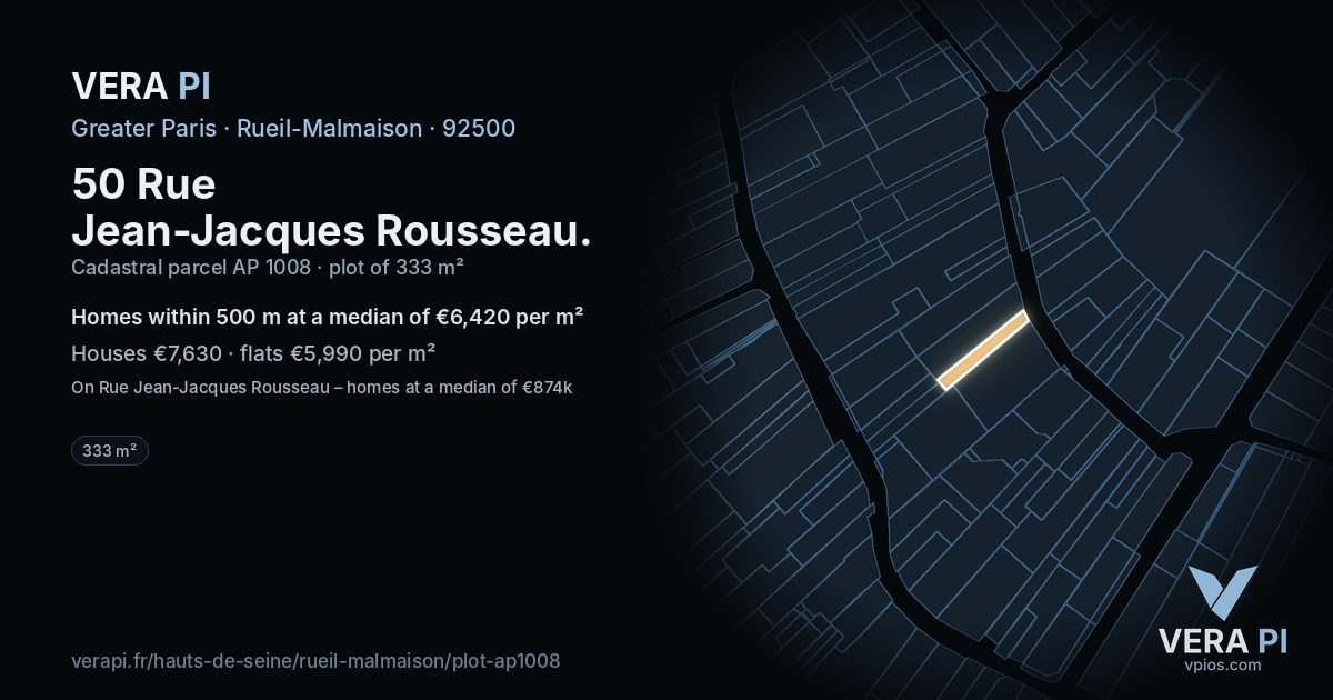 50 Rue Jean-Jacques Rousseau, Rueil-Malmaison at night – the plot lit, the parcels around coloured by the prices near them