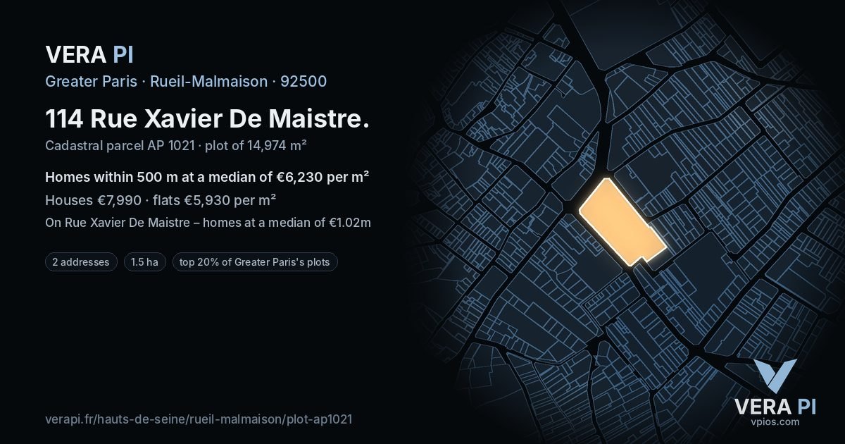 114 Rue Xavier De Maistre, Rueil-Malmaison at night – the plot lit, the parcels around coloured by the prices near them