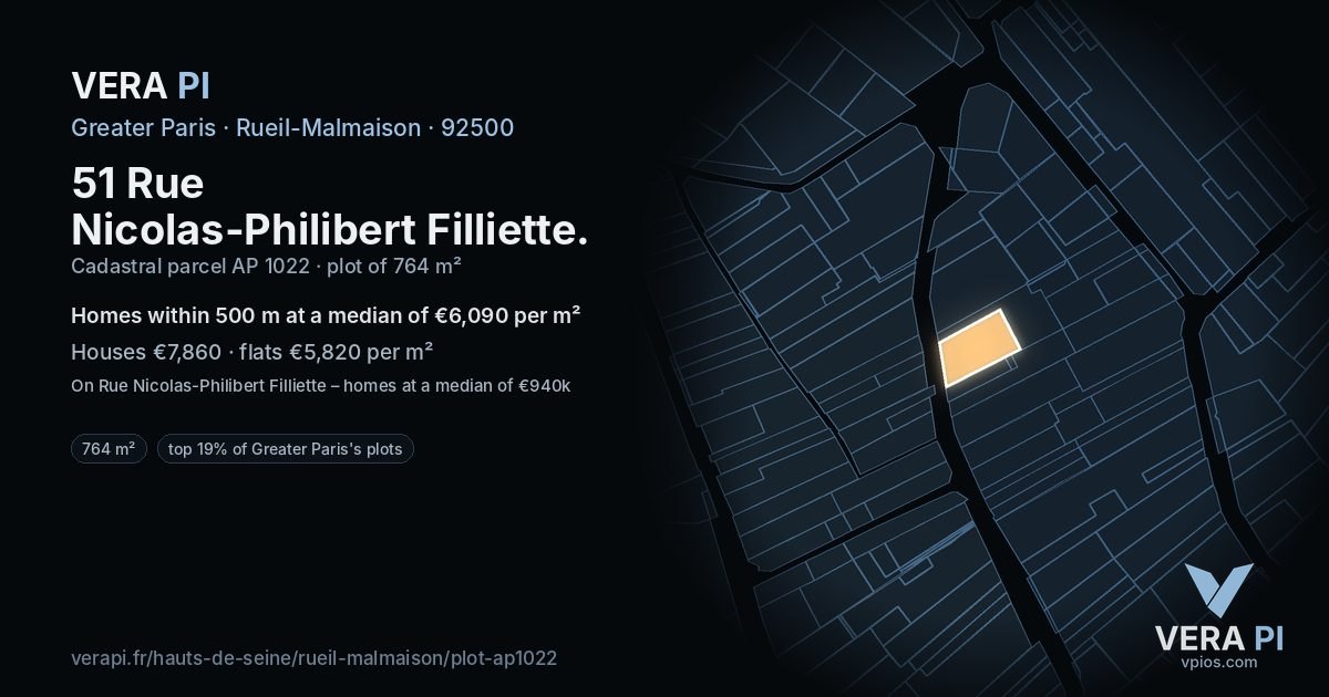 51 Rue Nicolas-Philibert Filliette, Rueil-Malmaison at night – the plot lit, the parcels around coloured by the prices near them