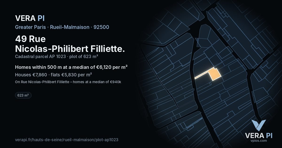 49 Rue Nicolas-Philibert Filliette, Rueil-Malmaison at night – the plot lit, the parcels around coloured by the prices near them