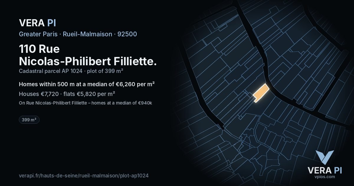110 Rue Nicolas-Philibert Filliette, Rueil-Malmaison at night – the plot lit, the parcels around coloured by the prices near them