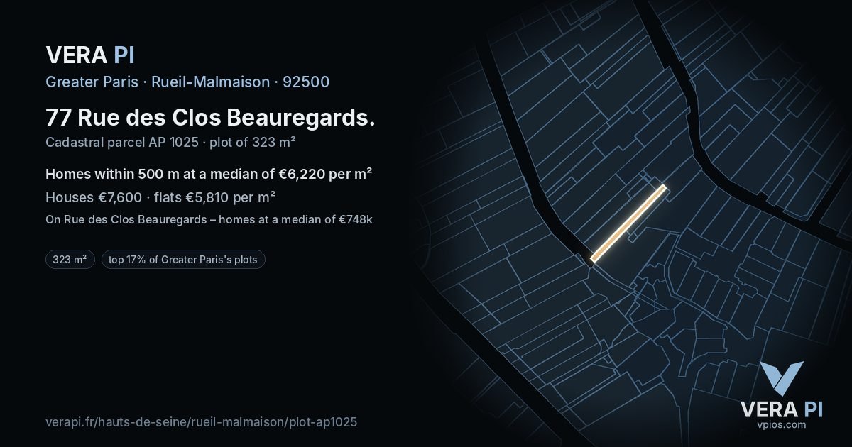 77 Rue des Clos Beauregards, Rueil-Malmaison at night – the plot lit, the parcels around coloured by the prices near them
