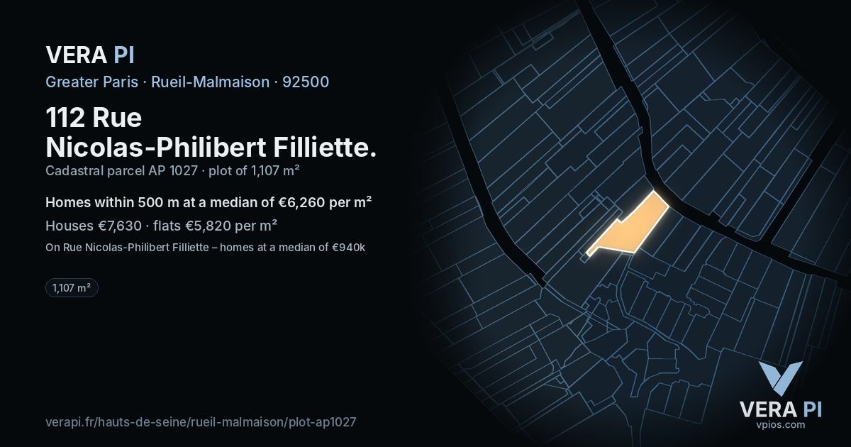 112 Rue Nicolas-Philibert Filliette, Rueil-Malmaison at night – the plot lit, the parcels around coloured by the prices near them