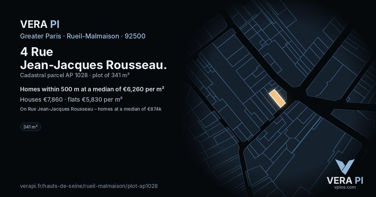4 Rue Jean-Jacques Rousseau, Rueil-Malmaison at night – the plot lit, the parcels around coloured by the prices near them