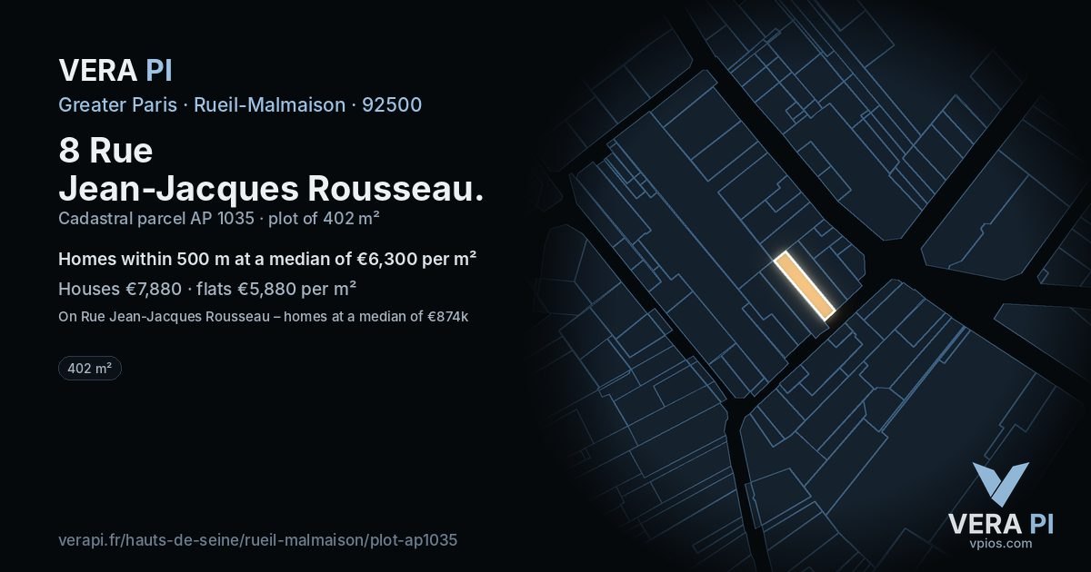 8 Rue Jean-Jacques Rousseau, Rueil-Malmaison at night – the plot lit, the parcels around coloured by the prices near them