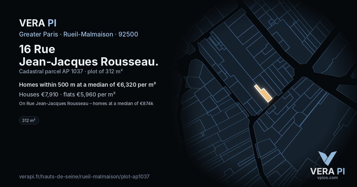 16 Rue Jean-Jacques Rousseau, Rueil-Malmaison at night – the plot lit, the parcels around coloured by the prices near them