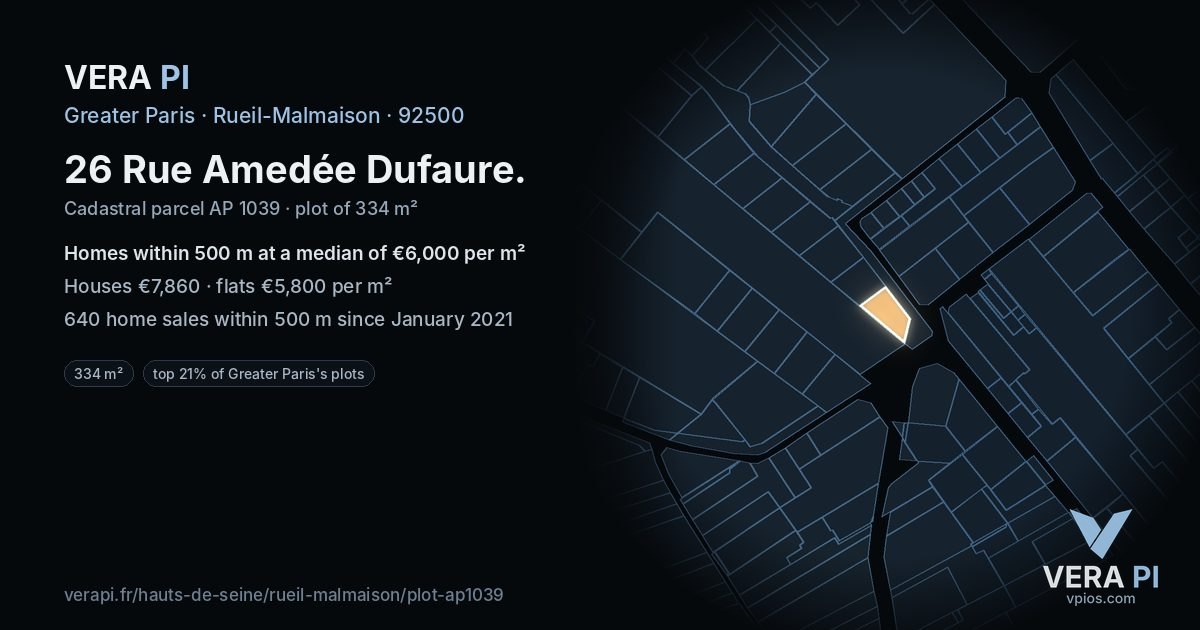 26 Rue Amedée Dufaure, Rueil-Malmaison at night – the plot lit, the parcels around coloured by the prices near them