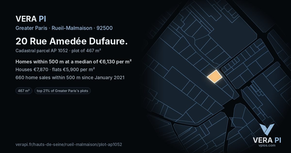 20 Rue Amedée Dufaure, Rueil-Malmaison at night – the plot lit, the parcels around coloured by the prices near them