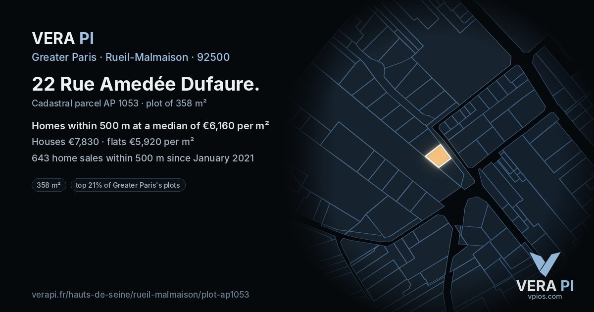 22 Rue Amedée Dufaure, Rueil-Malmaison at night – the plot lit, the parcels around coloured by the prices near them