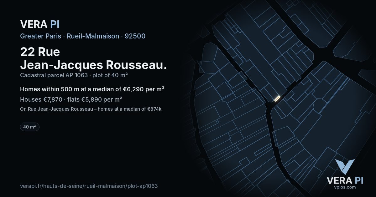 22 Rue Jean-Jacques Rousseau, Rueil-Malmaison at night – the plot lit, the parcels around coloured by the prices near them