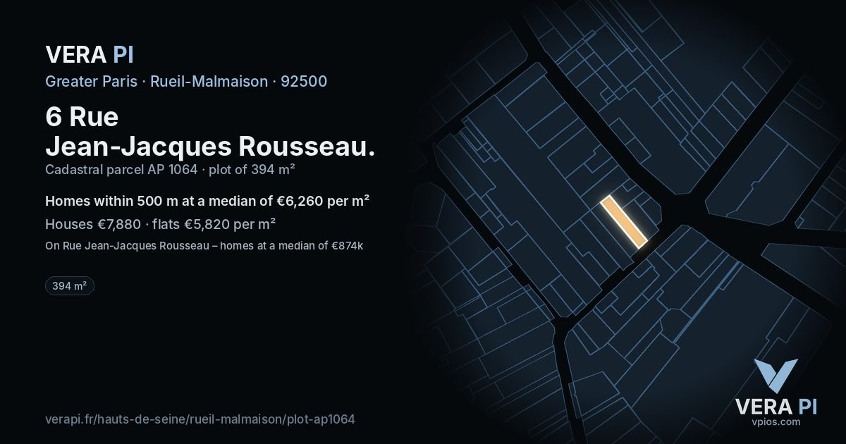 6 Rue Jean-Jacques Rousseau, Rueil-Malmaison at night – the plot lit, the parcels around coloured by the prices near them