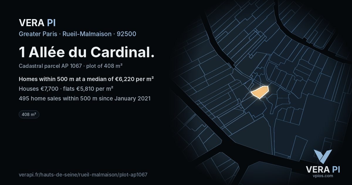 1 Allée du Cardinal, Rueil-Malmaison at night – the plot lit, the parcels around coloured by the prices near them