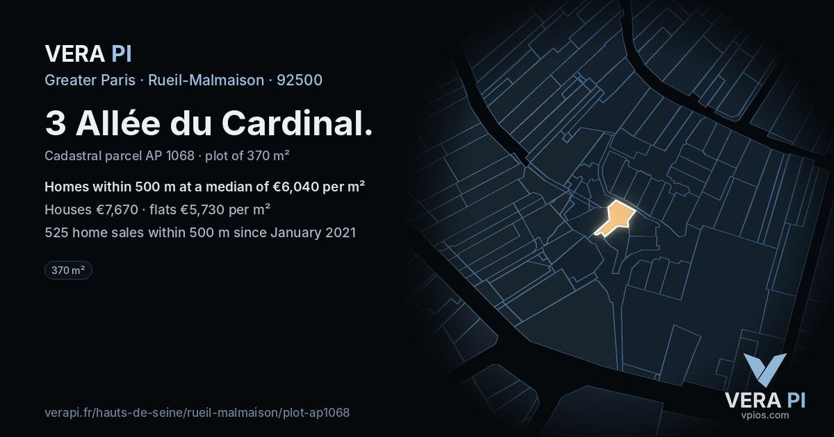 3 Allée du Cardinal, Rueil-Malmaison at night – the plot lit, the parcels around coloured by the prices near them