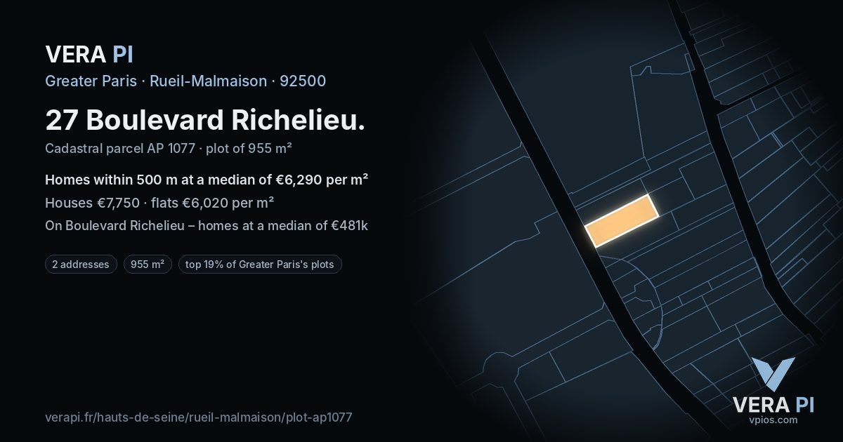 27 Boulevard Richelieu, Rueil-Malmaison at night – the plot lit, the parcels around coloured by the prices near them