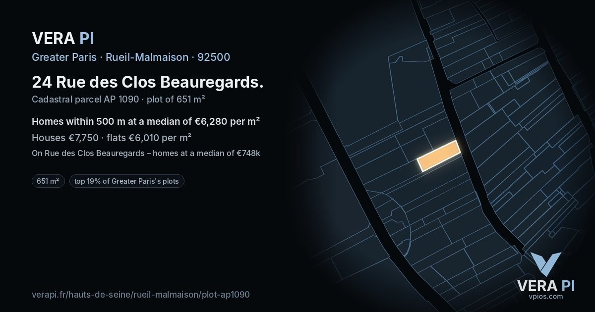 24 Rue des Clos Beauregards, Rueil-Malmaison at night – the plot lit, the parcels around coloured by the prices near them