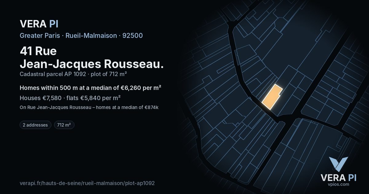 41 Rue Jean-Jacques Rousseau, Rueil-Malmaison at night – the plot lit, the parcels around coloured by the prices near them