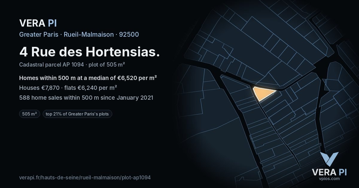 4 Rue des Hortensias, Rueil-Malmaison at night – the plot lit, the parcels around coloured by the prices near them