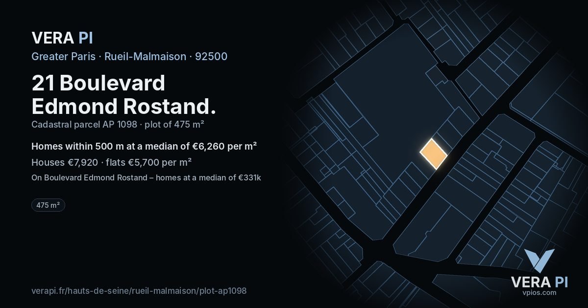 21 Boulevard Edmond Rostand, Rueil-Malmaison at night – the plot lit, the parcels around coloured by the prices near them
