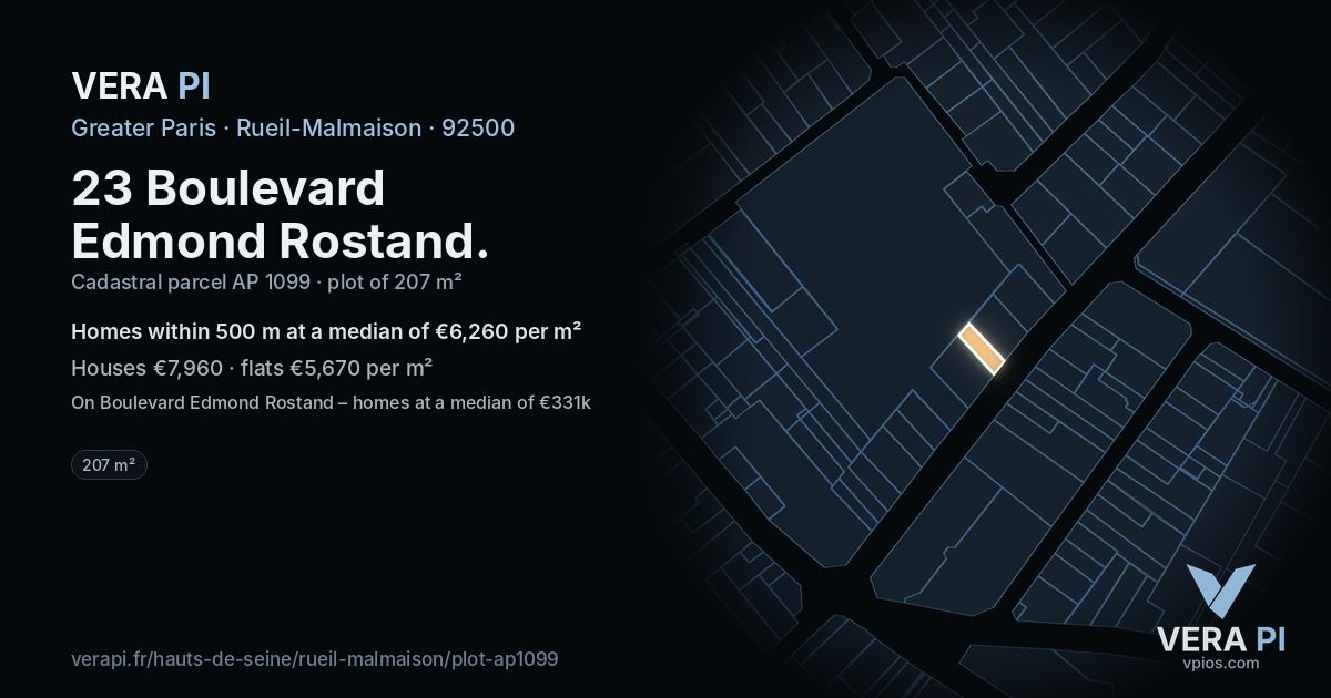 23 Boulevard Edmond Rostand, Rueil-Malmaison at night – the plot lit, the parcels around coloured by the prices near them