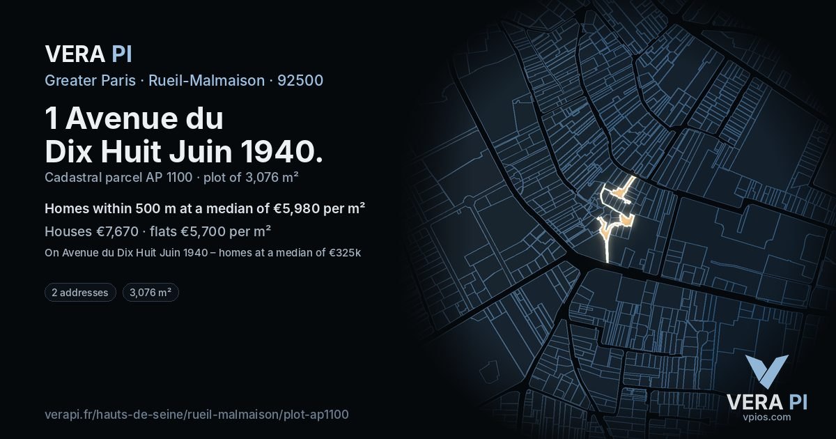 1 Avenue du Dix Huit Juin 1940, Rueil-Malmaison at night – the plot lit, the parcels around coloured by the prices near them