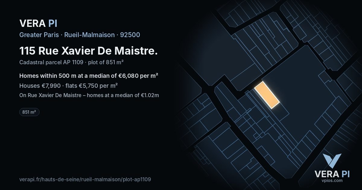 115 Rue Xavier De Maistre, Rueil-Malmaison at night – the plot lit, the parcels around coloured by the prices near them