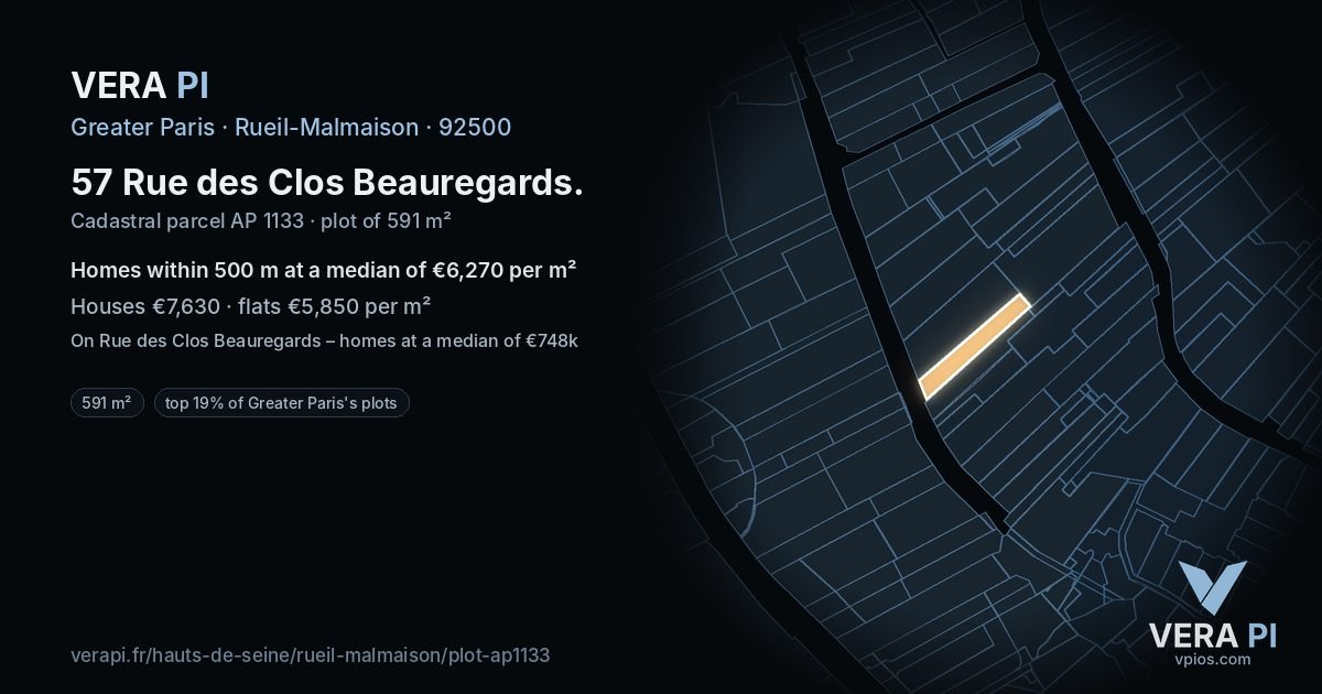 57 Rue des Clos Beauregards, Rueil-Malmaison at night – the plot lit, the parcels around coloured by the prices near them
