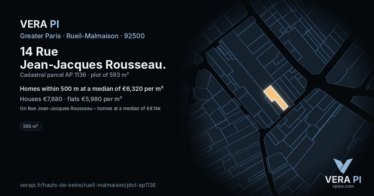 14 Rue Jean-Jacques Rousseau, Rueil-Malmaison at night – the plot lit, the parcels around coloured by the prices near them