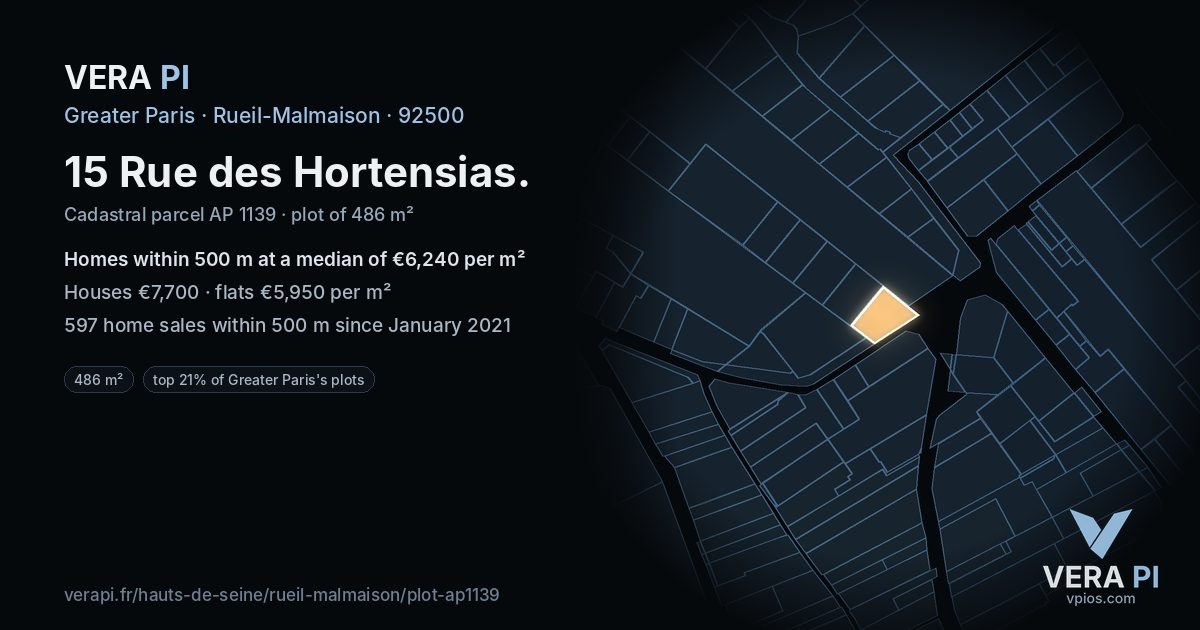 15 Rue des Hortensias, Rueil-Malmaison at night – the plot lit, the parcels around coloured by the prices near them