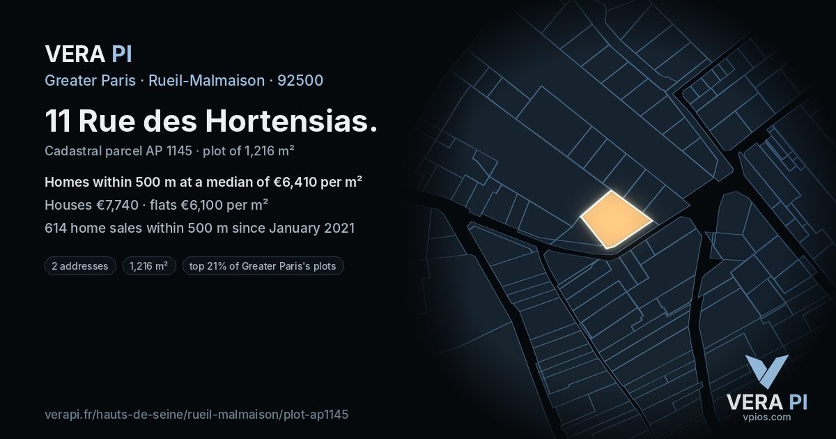 11 Rue des Hortensias, Rueil-Malmaison at night – the plot lit, the parcels around coloured by the prices near them