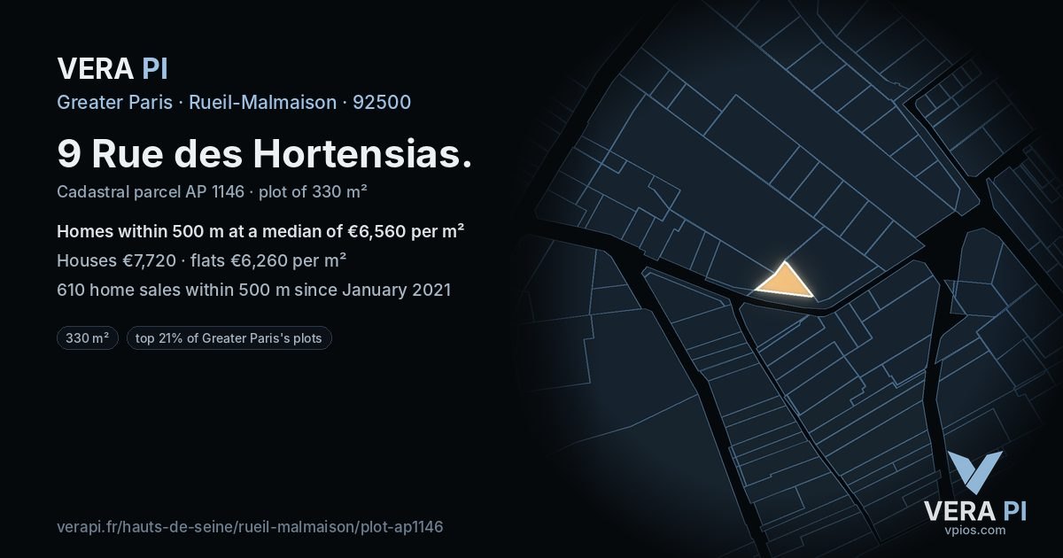 9 Rue des Hortensias, Rueil-Malmaison at night – the plot lit, the parcels around coloured by the prices near them