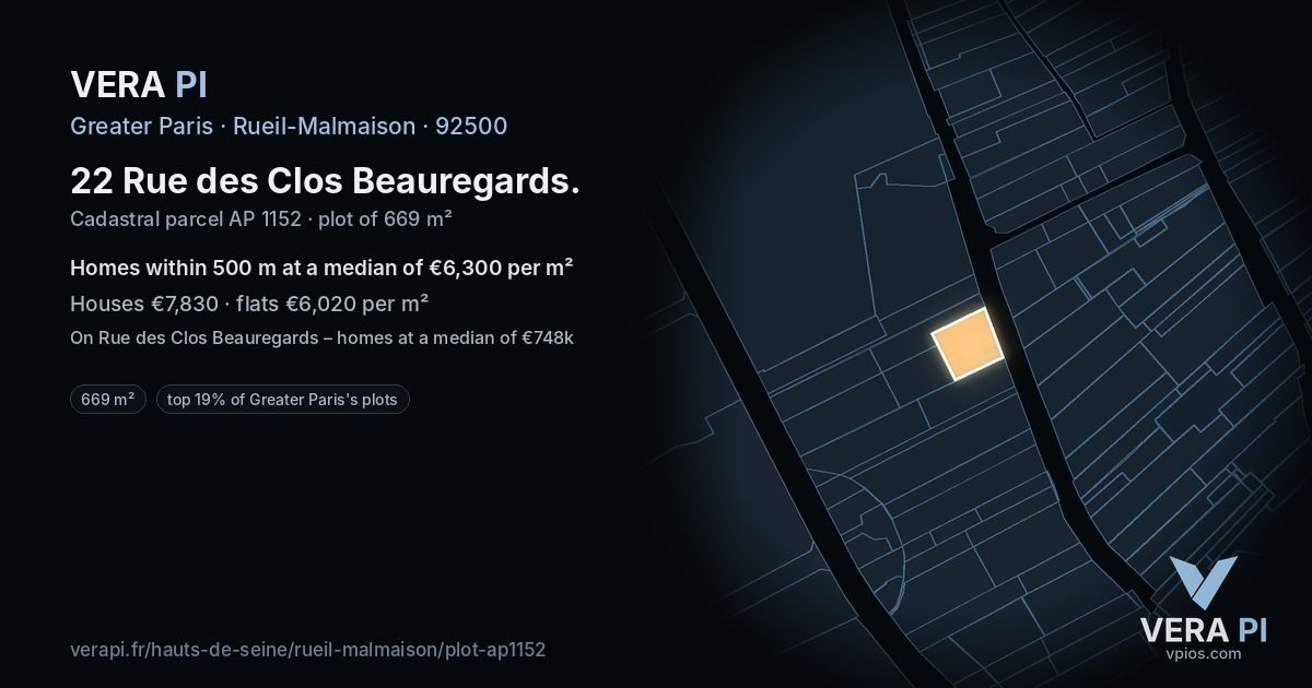 22 Rue des Clos Beauregards, Rueil-Malmaison at night – the plot lit, the parcels around coloured by the prices near them
