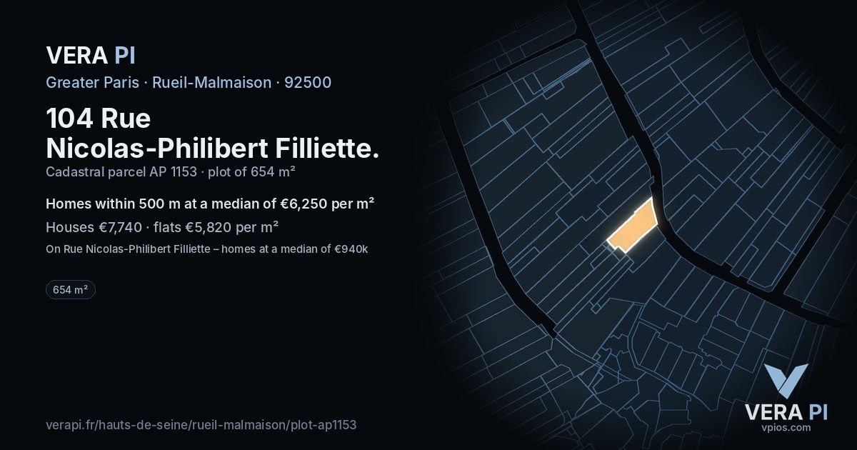 104 Rue Nicolas-Philibert Filliette, Rueil-Malmaison at night – the plot lit, the parcels around coloured by the prices near them
