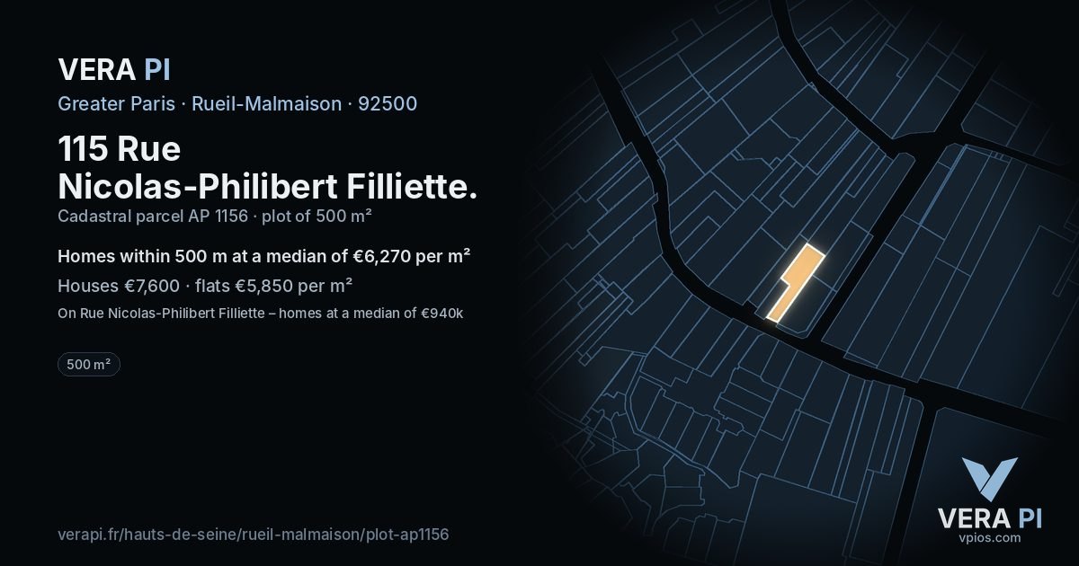 115 Rue Nicolas-Philibert Filliette, Rueil-Malmaison at night – the plot lit, the parcels around coloured by the prices near them