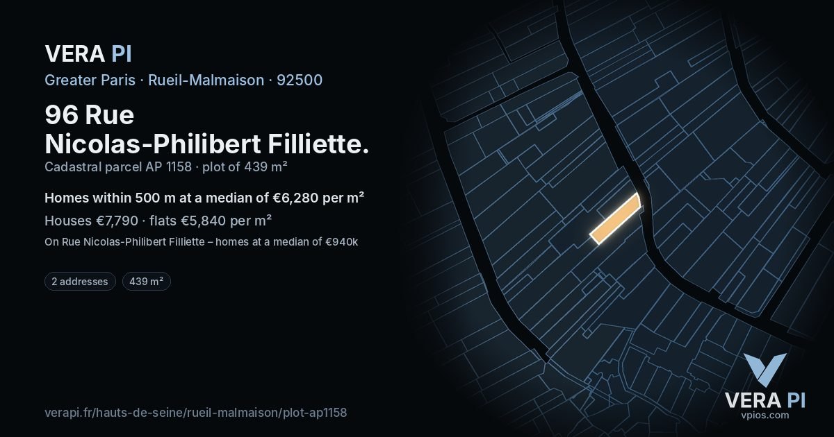 96 Rue Nicolas-Philibert Filliette, Rueil-Malmaison at night – the plot lit, the parcels around coloured by the prices near them