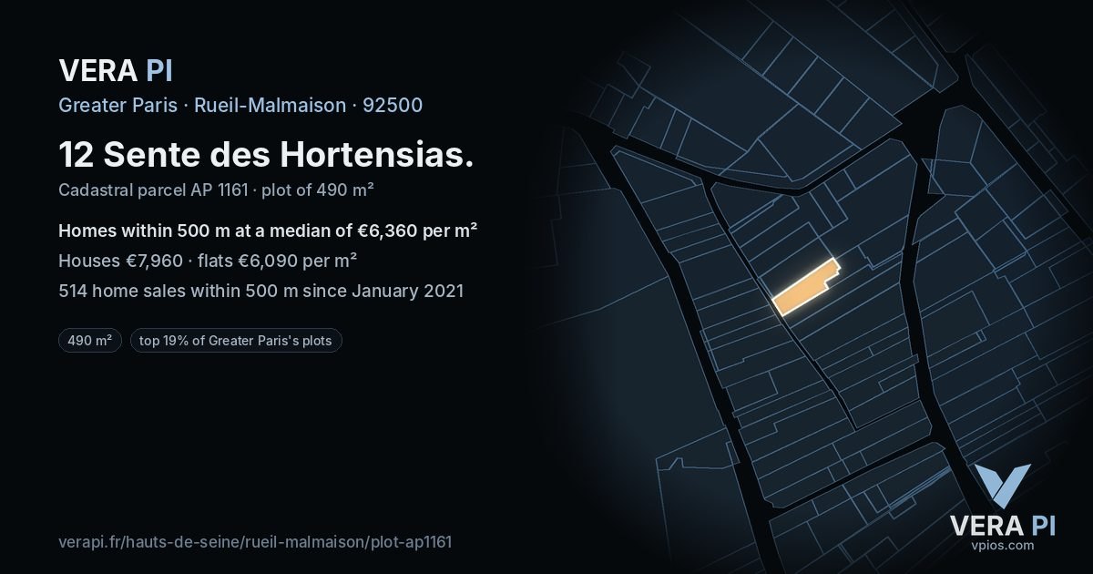 12 Sente des Hortensias, Rueil-Malmaison at night – the plot lit, the parcels around coloured by the prices near them