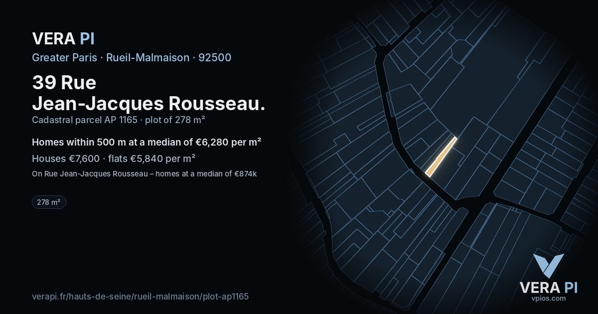 39 Rue Jean-Jacques Rousseau, Rueil-Malmaison at night – the plot lit, the parcels around coloured by the prices near them