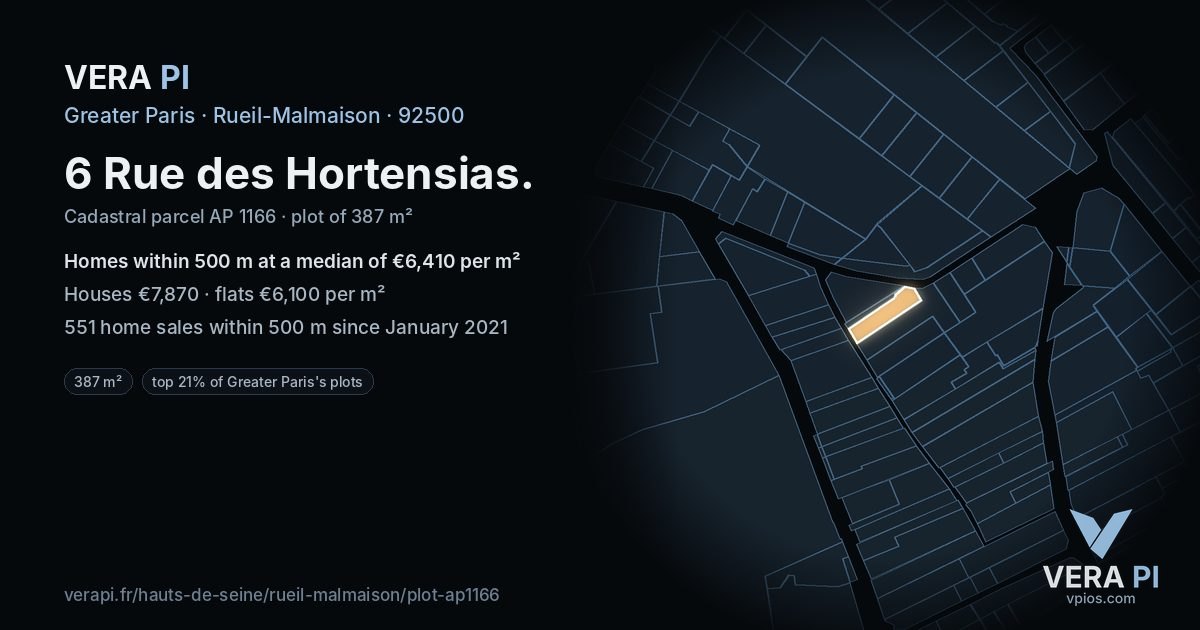 6 Rue des Hortensias, Rueil-Malmaison at night – the plot lit, the parcels around coloured by the prices near them