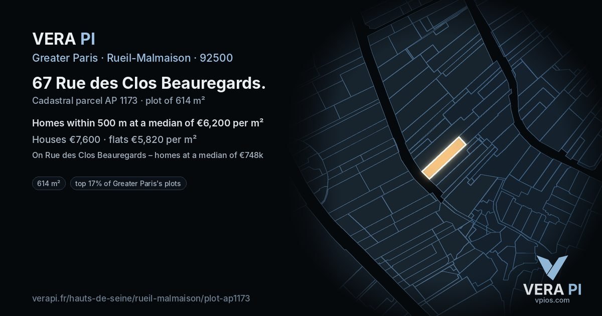 67 Rue des Clos Beauregards, Rueil-Malmaison at night – the plot lit, the parcels around coloured by the prices near them
