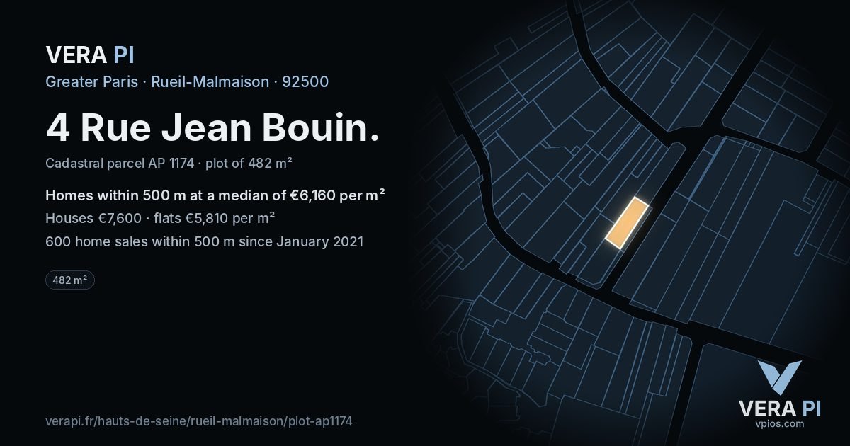 4 Rue Jean Bouin, Rueil-Malmaison at night – the plot lit, the parcels around coloured by the prices near them