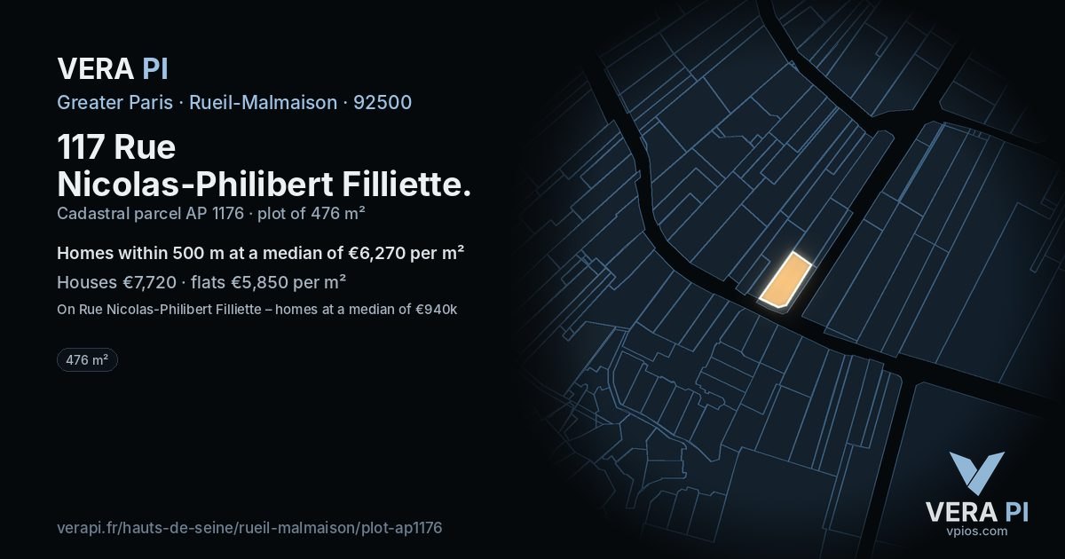 117 Rue Nicolas-Philibert Filliette, Rueil-Malmaison at night – the plot lit, the parcels around coloured by the prices near them