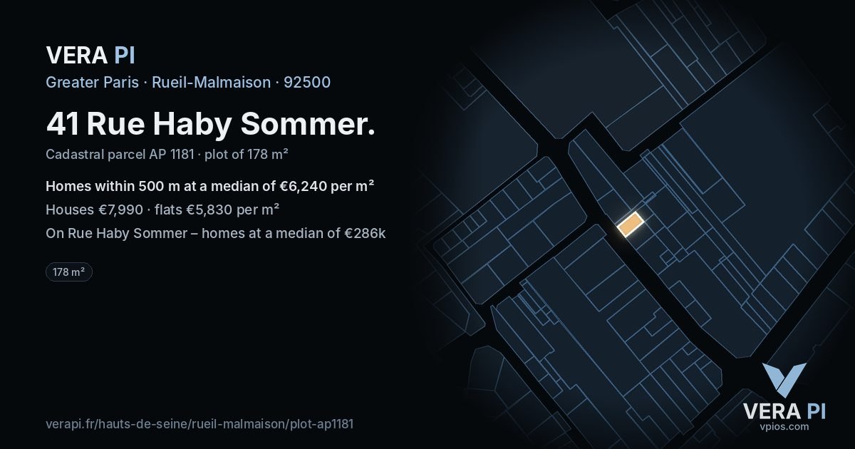 41 Rue Haby Sommer, Rueil-Malmaison at night – the plot lit, the parcels around coloured by the prices near them