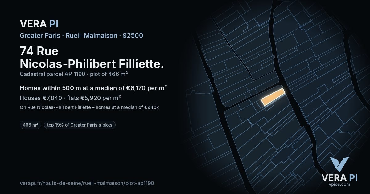 74 Rue Nicolas-Philibert Filliette, Rueil-Malmaison at night – the plot lit, the parcels around coloured by the prices near them
